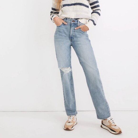 Madewell Denim - Madewell The Perfect Vintage Medium Wash Factory Distressed Raw Hem Straight Jea